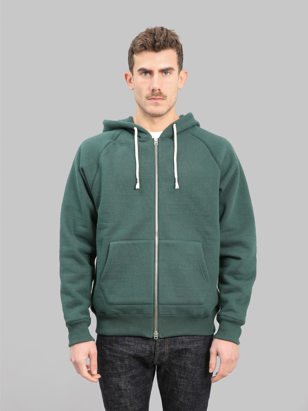 wonder looper zip hoodie double heavyweight french terry green front fit