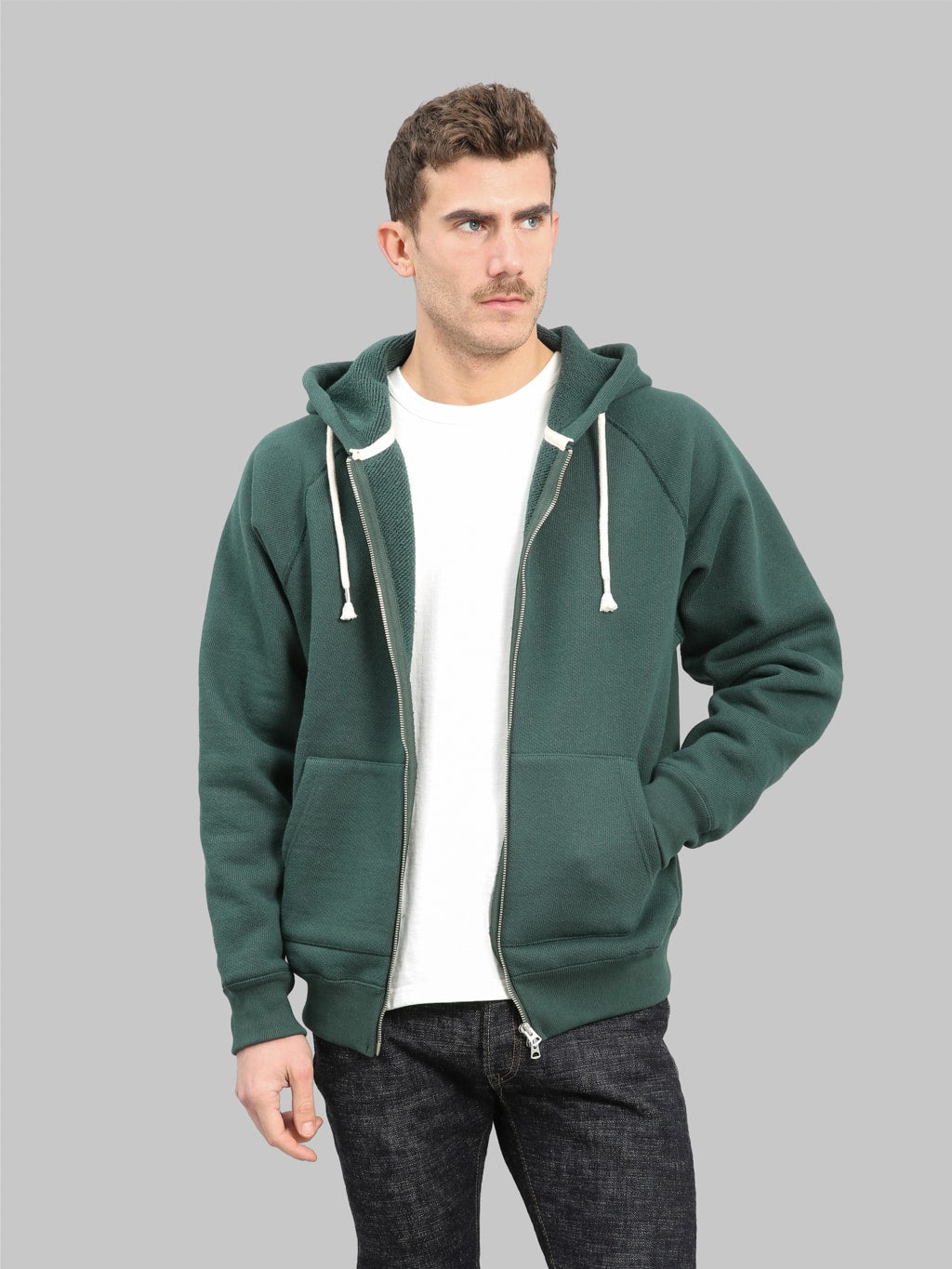 wonder looper zip hoodie double heavyweight french terry green side pocket