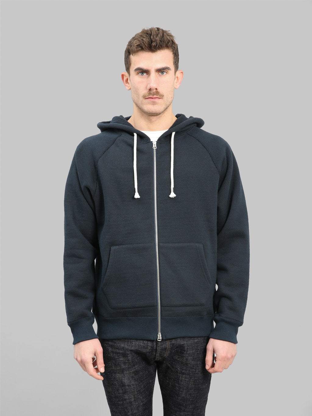 wonder looper zip hoodie double heavyweight french terry navy front look