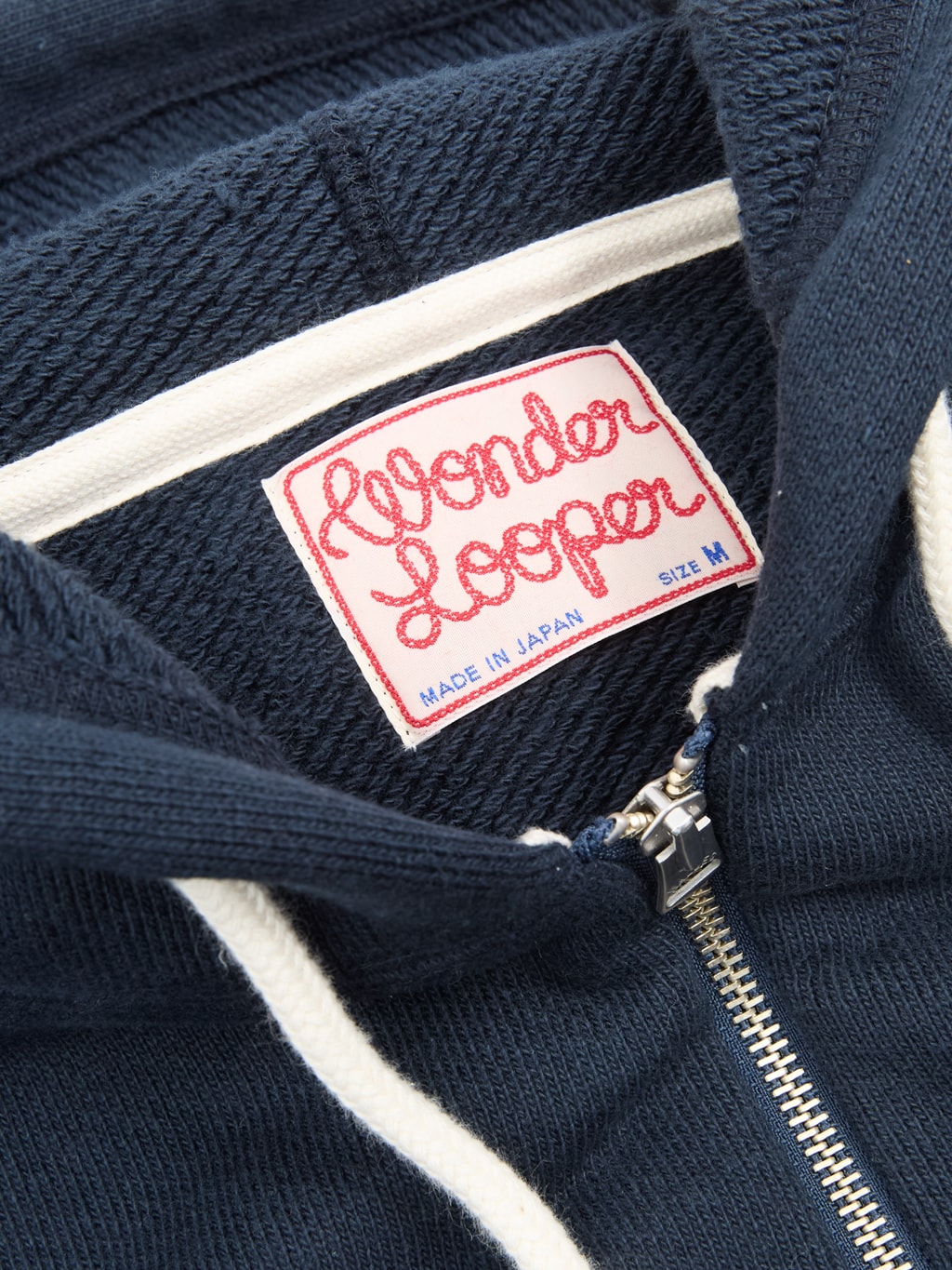 wonder looper zip hoodie double heavyweight french terry navy interior tag