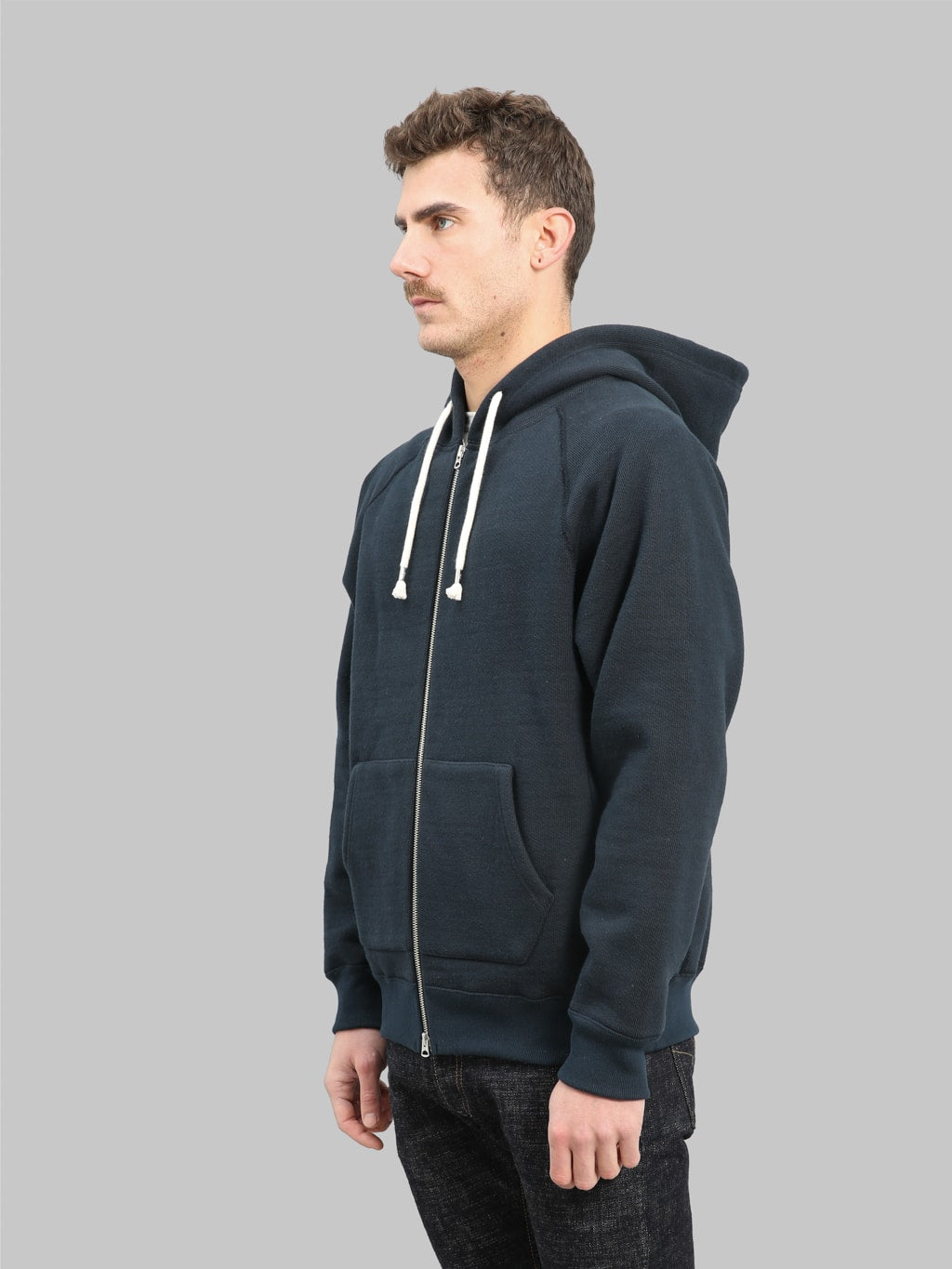 wonder looper zip hoodie double heavyweight french terry navy front side look