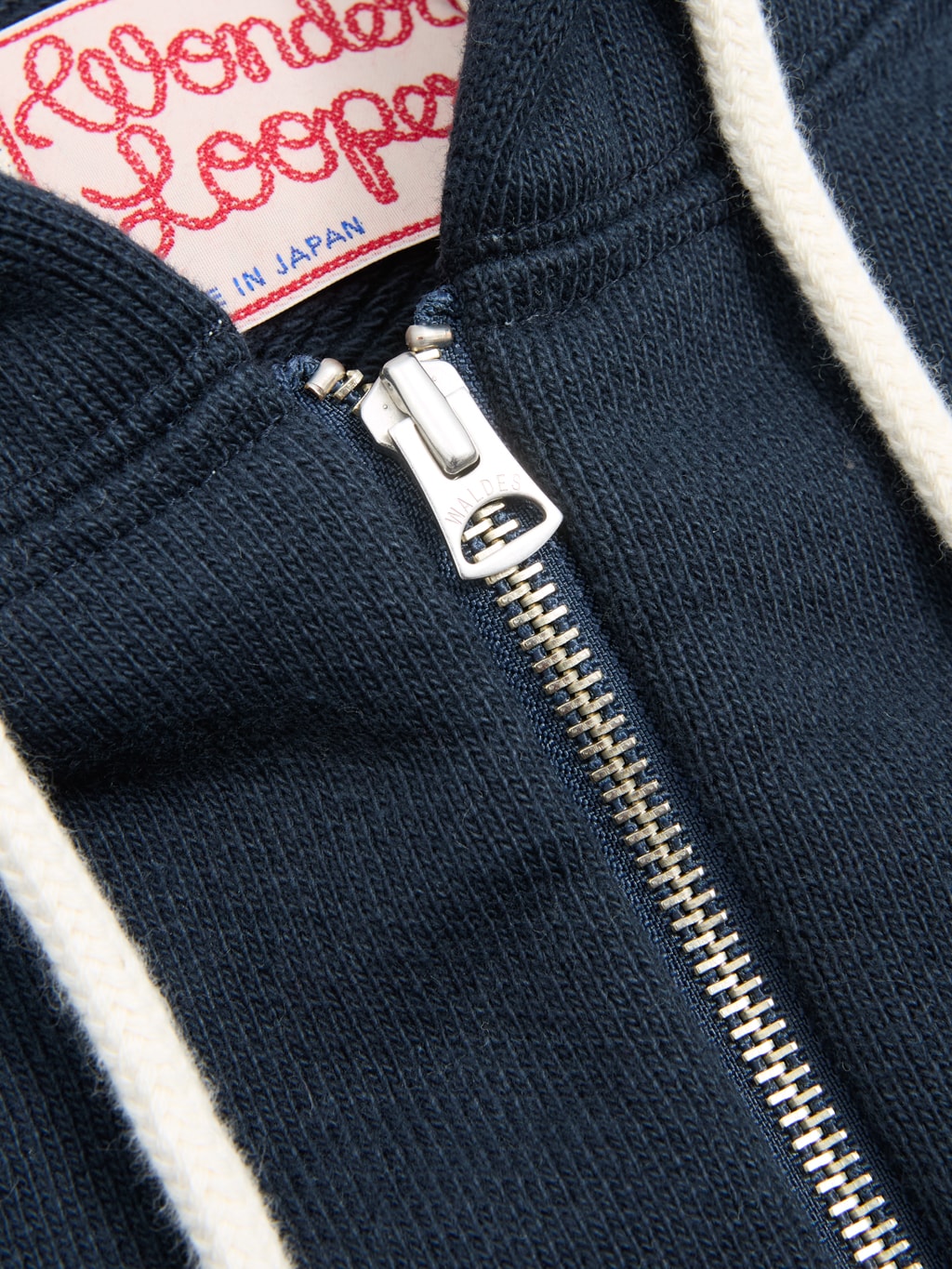 wonder looper zip hoodie double heavyweight french terry navy interior tag