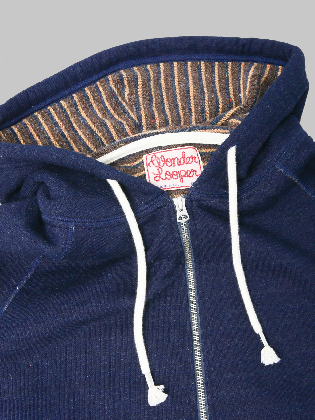 Wonder Looper Zip Hoodie Real Indigo Blanket Striped French Terry closeup