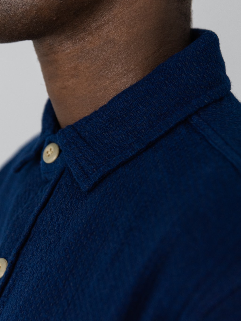 3sixteen CPO Shirt Indigo Sashiko collar closeup