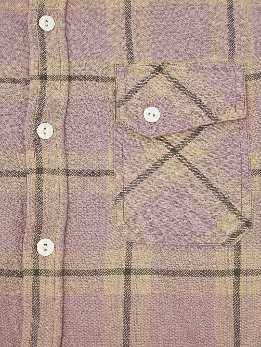 3sixteen Crosscut Flannel Mauve Slub Check shirt pocket closeup