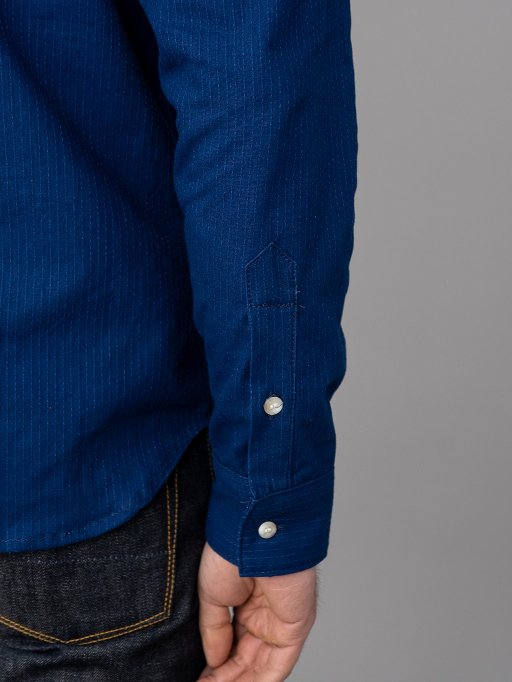 3sixteen Long Sleeve Button Down Indigo Sashiko long sleeve detail