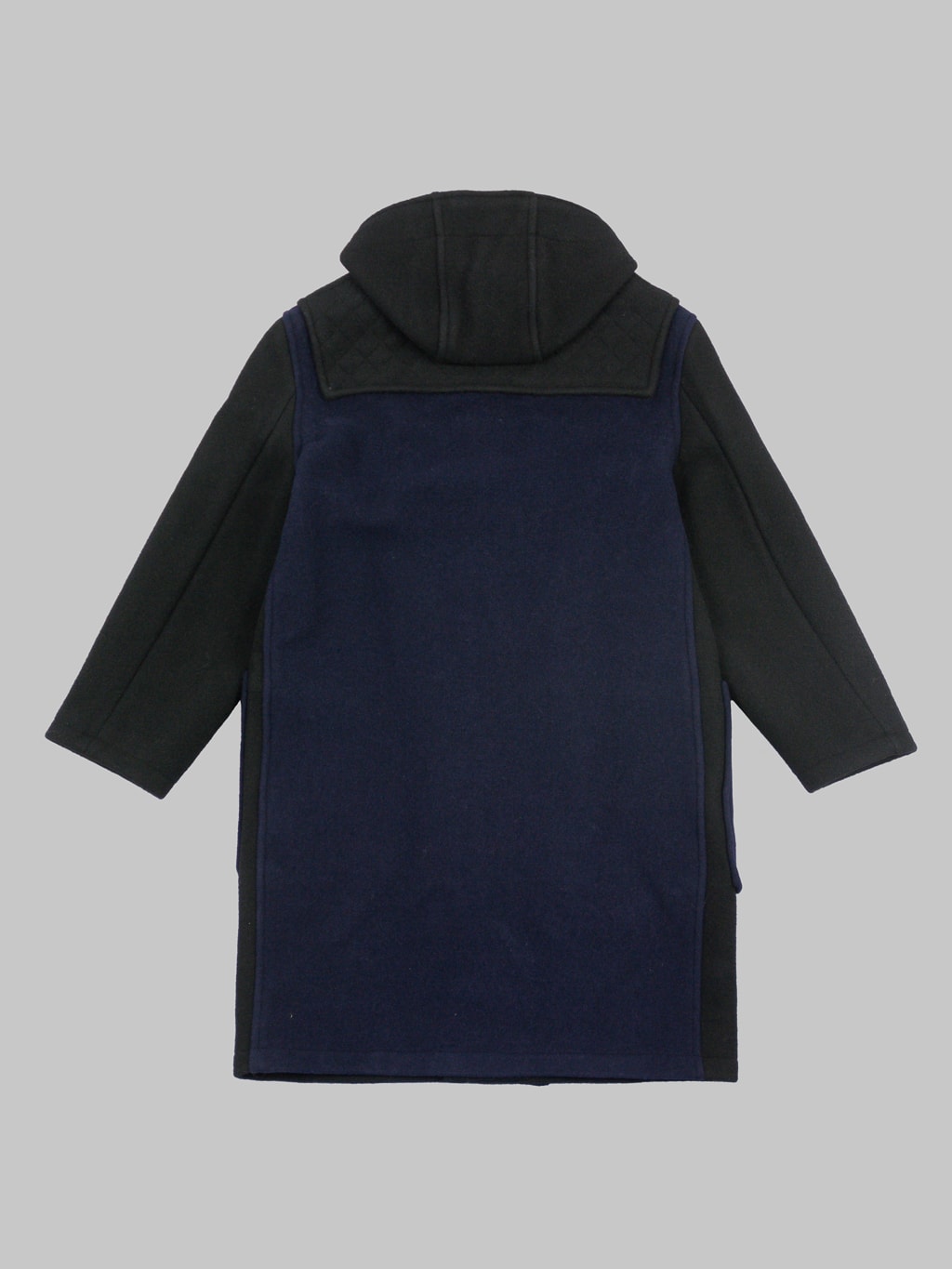 3sixteen x Gloverall Monty Duffle Coat black navy wool fabric back