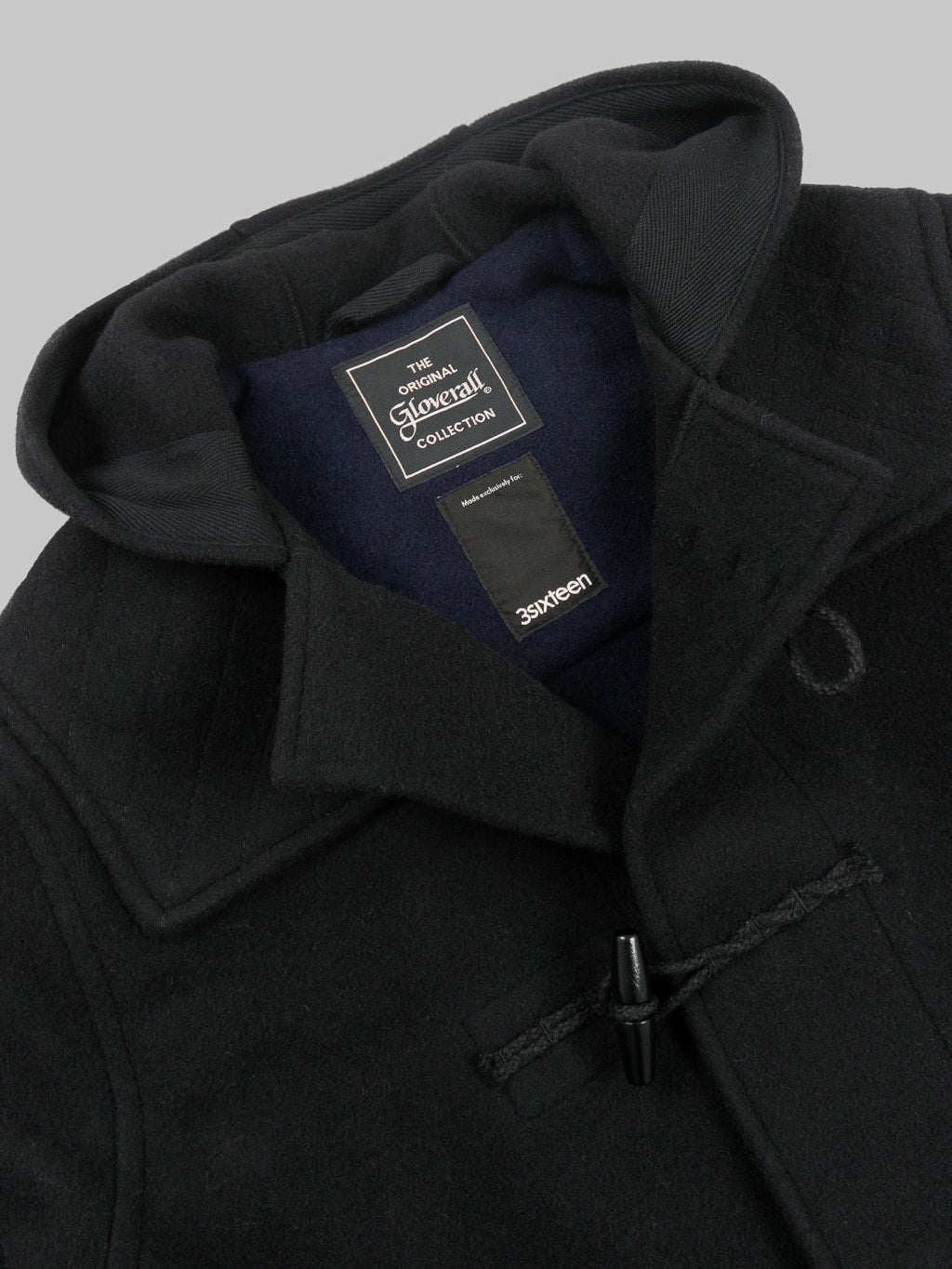 3sixteen x Gloverall Monty Duffle Coat black navy wool fabric collar