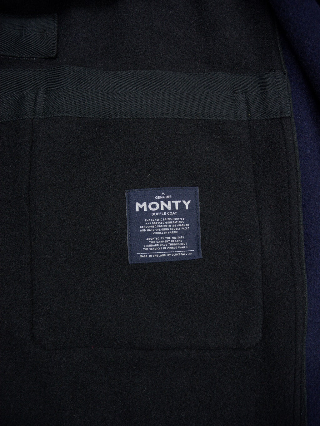 3sixteen x Gloverall Monty Duffle Coat black navy fabric interior