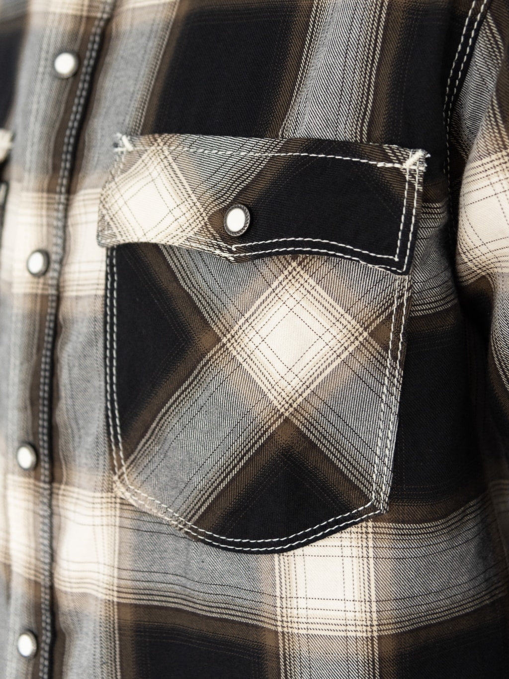 Freenote Cloth Lancaster Black Shadow Plaid Shirt pocket closeup