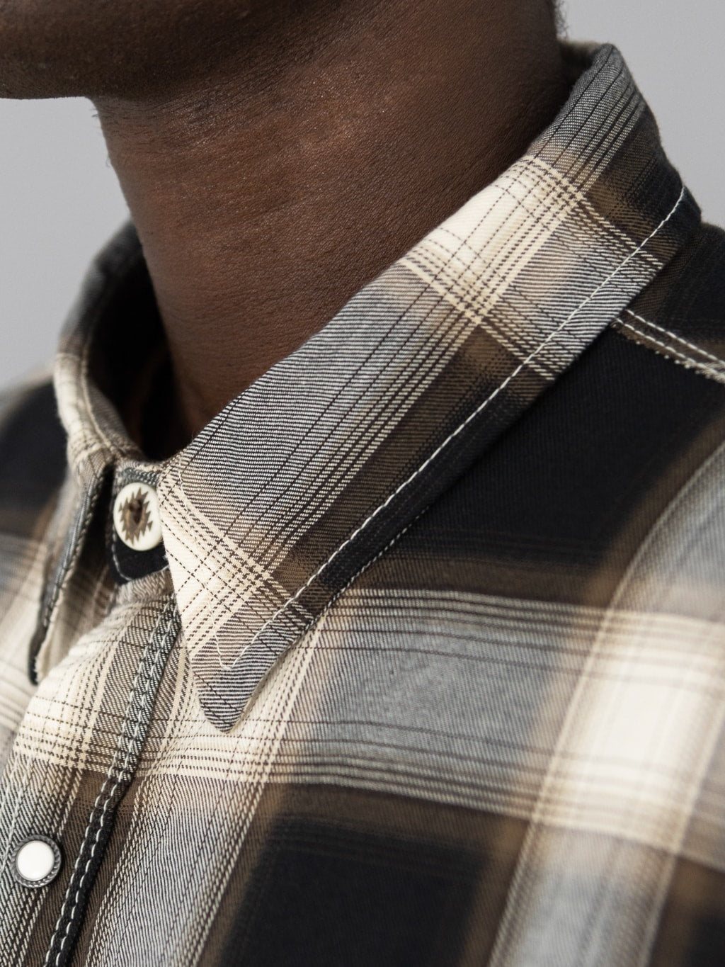 Freenote Cloth Lancaster Black Shadow Plaid Shirt collar