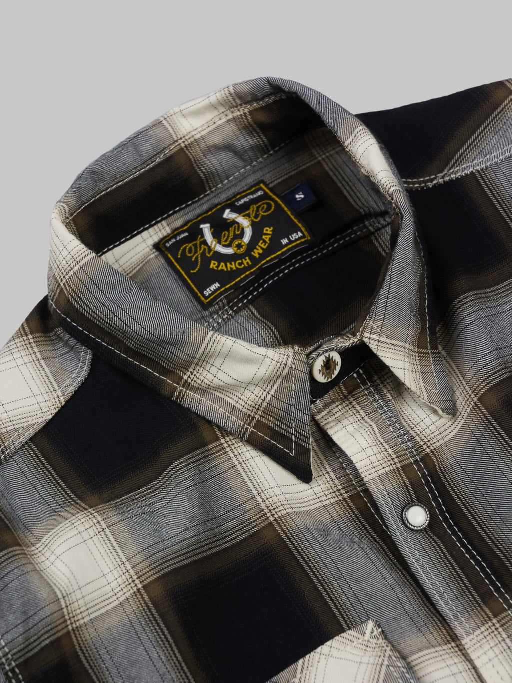 Freenote Cloth Lancaster Black Shadow Plaid Shirt collar closeup
