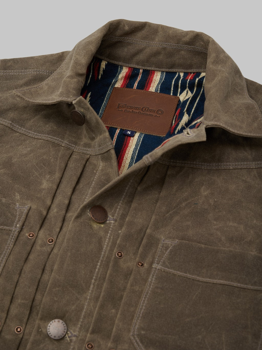 Freenote Cloth Riders Jacket Waxed Canvas Oak collar closeup