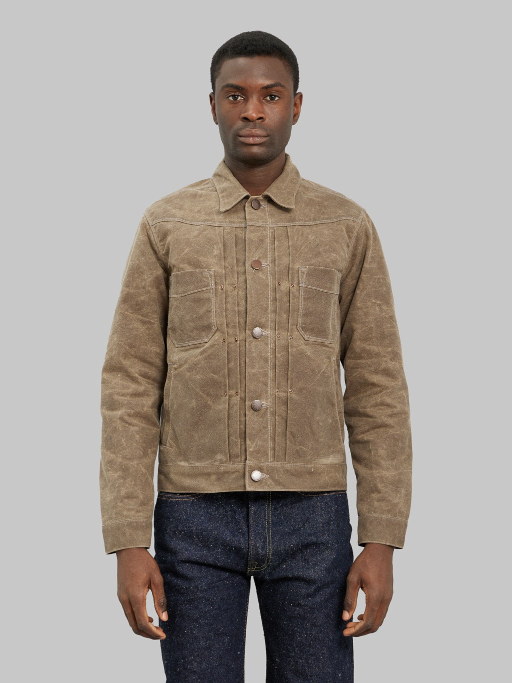 Freenote Cloth Riders Jacket Waxed Canvas Oak buttoned look