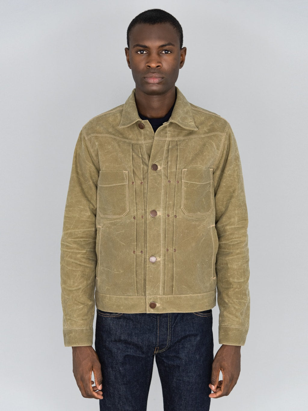 Freenote Cloth Riders Jacket Waxed Canvas Tobacco model front fit