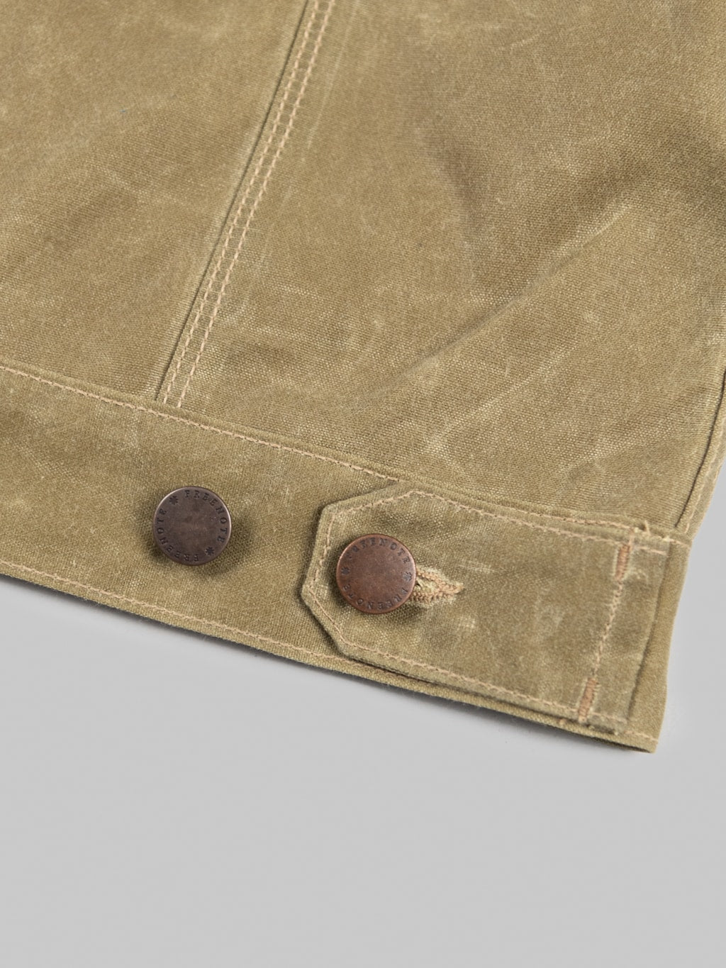 Freenote Cloth Riders Jacket Waxed Canvas Tobacco waist buttons closeup