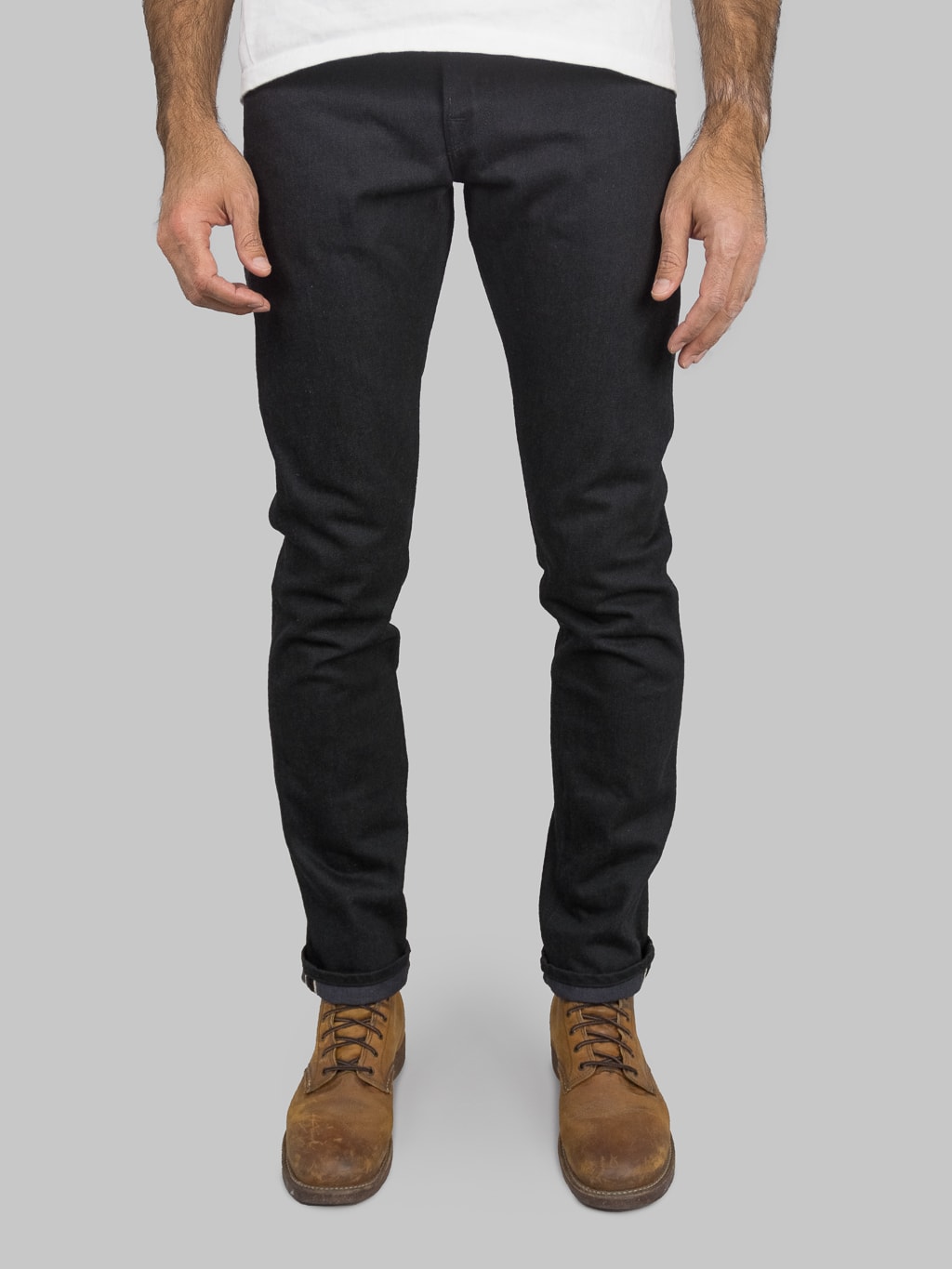 Freenote Cloth Rios Black Grey Japanese Denim Slim Straight Jeans front fit