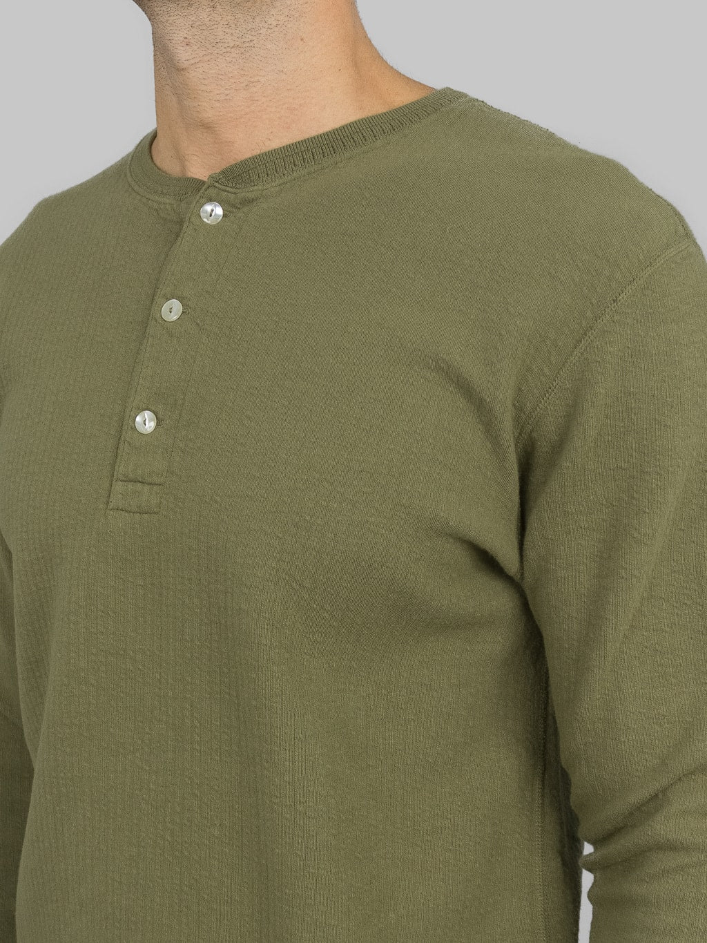 Loop Weft Double Face Jacquard henley Thermal army olive collar chest
