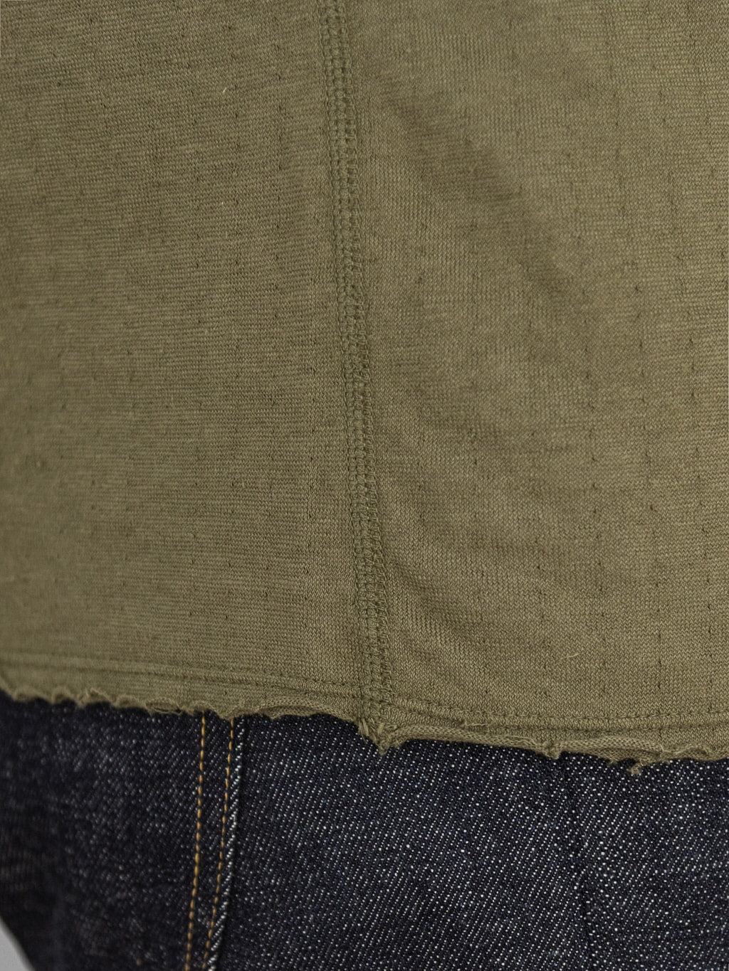 Loop and Weft Dual Layered Knit raw edge pocket TShirt olive hem