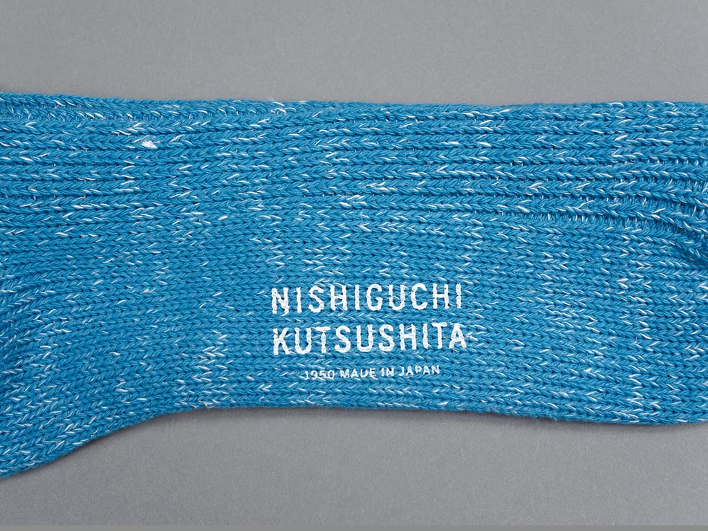 Nishiguchi Kutsushita Boston hemp ribbed socks ocean blue stamped logo