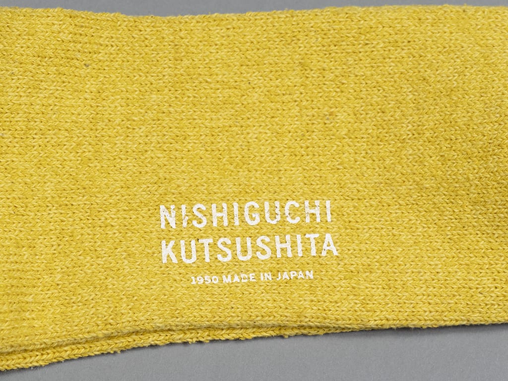 Nishiguchi Kutsushita Boston silk cotton socks beer yellow stamped logo