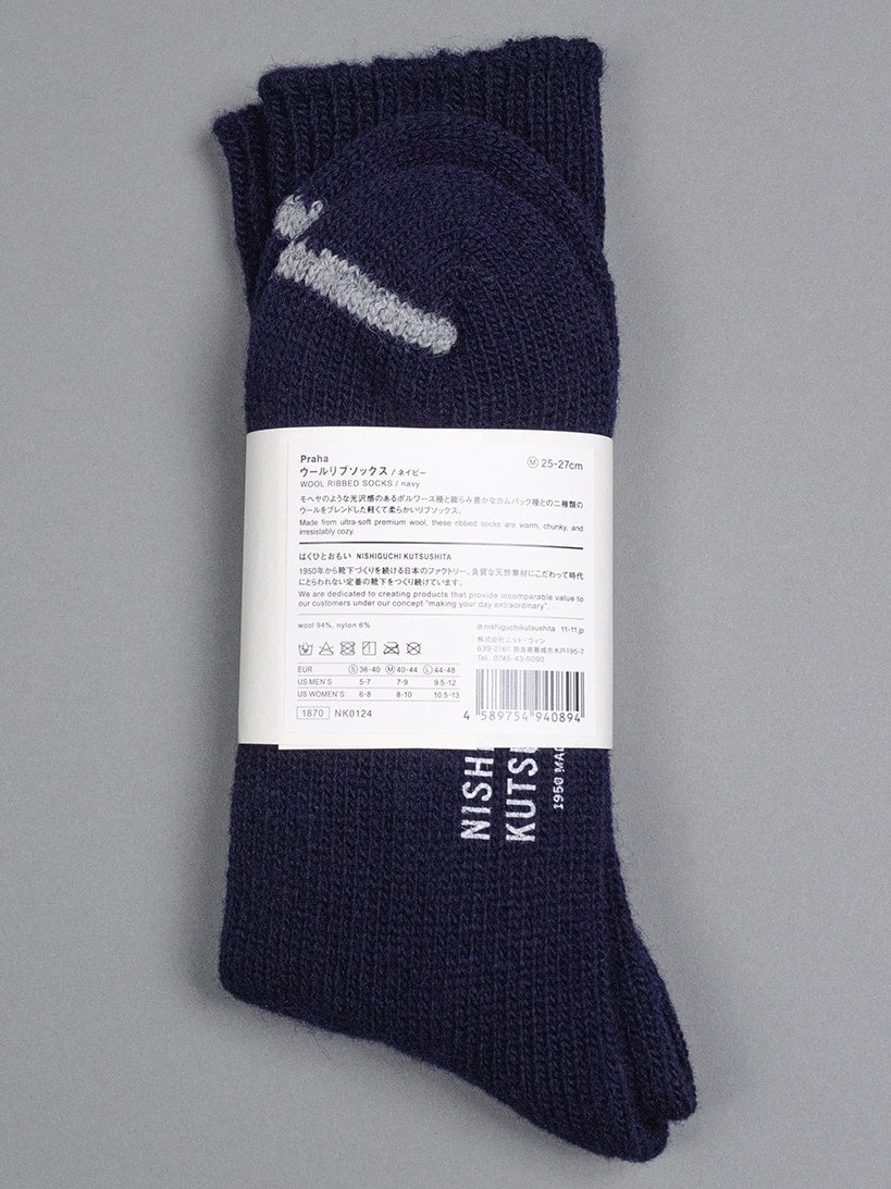 Nishiguchi Kutsushita Praha wool ribbed socks navy back label