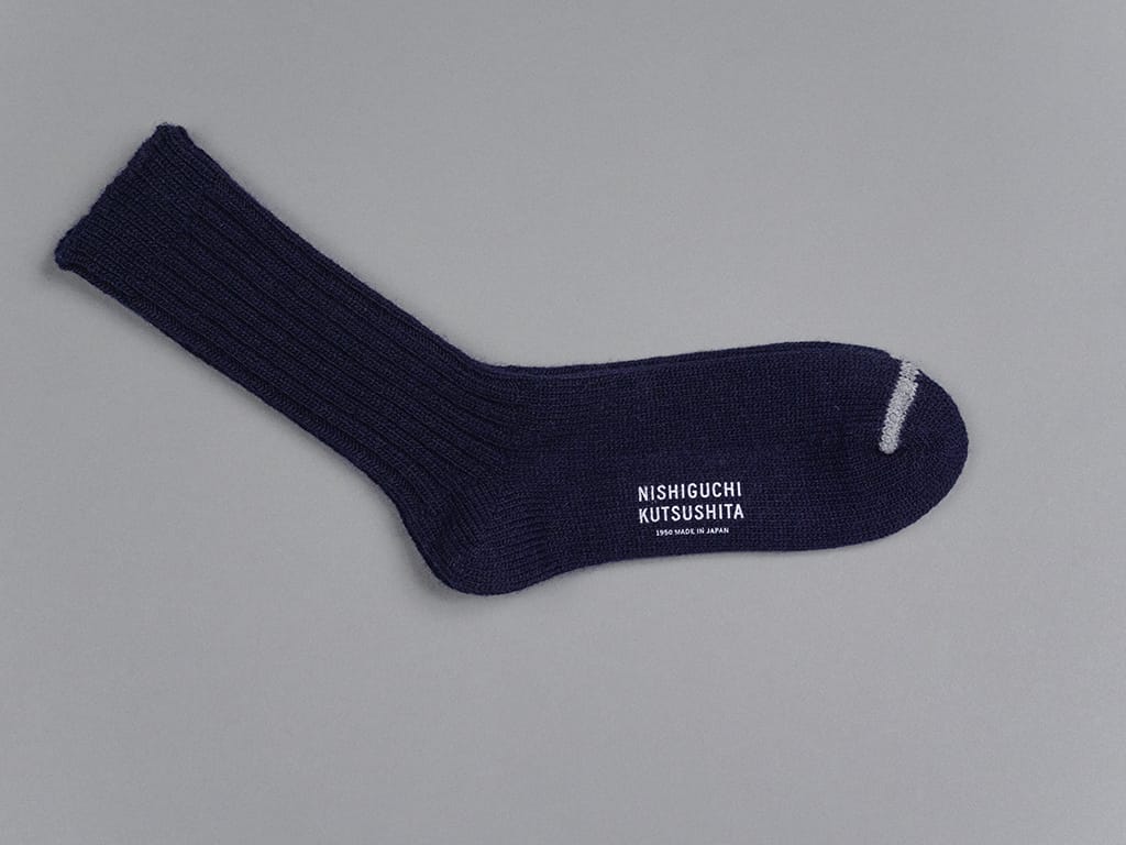 Nishiguchi Kutsushita Praha wool ribbed socks navy made in japan