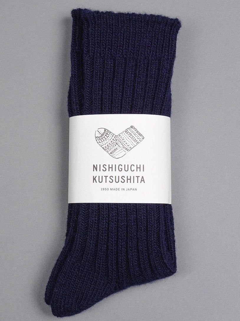Nishiguchi Kutsushita Praha wool ribbed socks navy