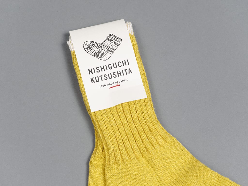 Nishiguchi Kutsushita Boston silk cotton socks beer yellow brand label