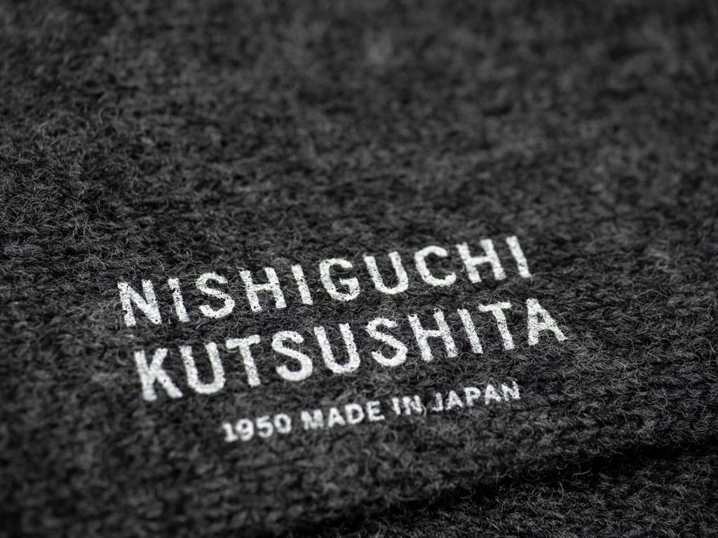 Nishiguchi Kutsushita Wool Ribbed Socks Charcoal Logo