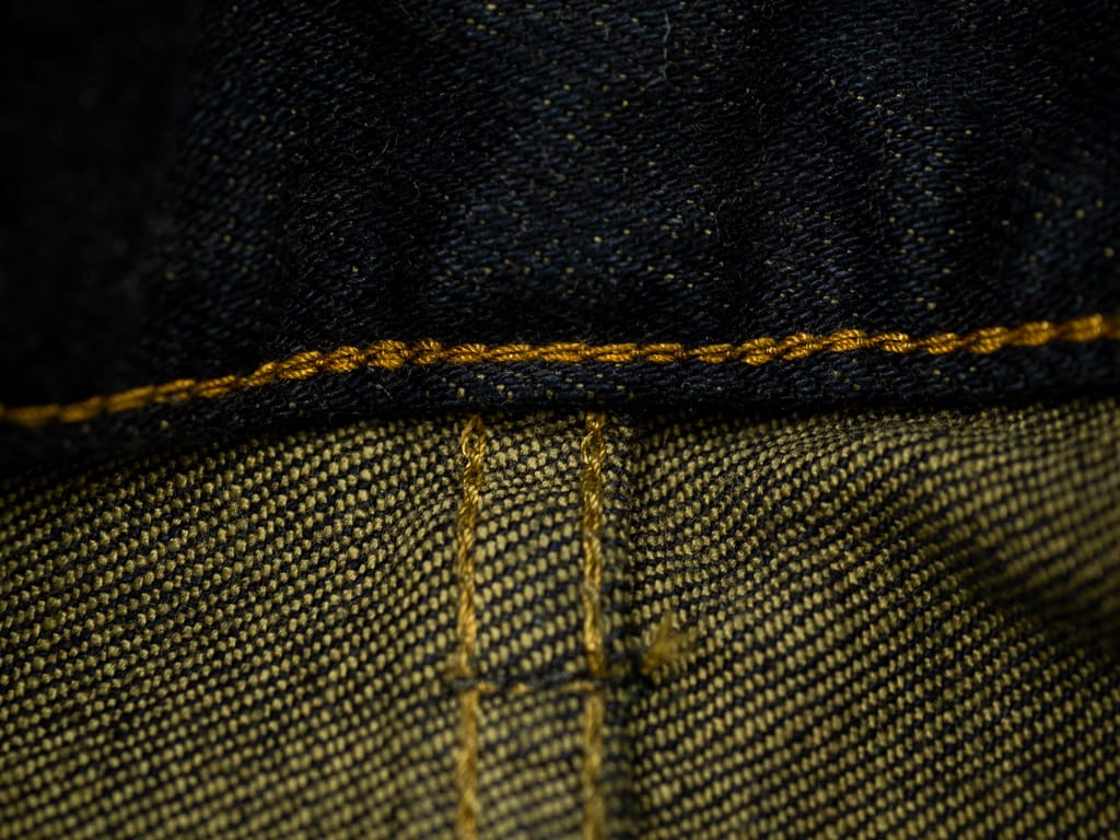ONI 122S GROL Greyish Olive Overdye 15oz Stretch Jeans chain stitching