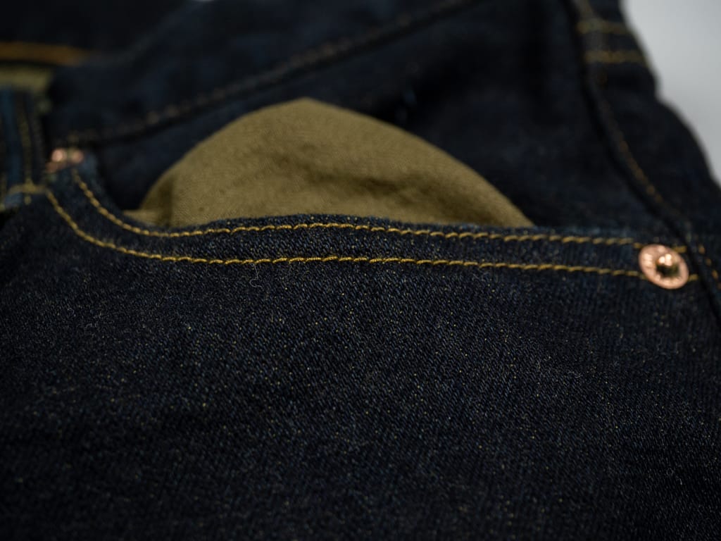 ONI 122S GROL Greyish Olive Overdye 15oz Stretch Jeans front pocket