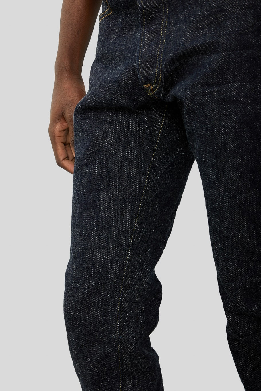 ONI 902DIZR Dark Indigo Secret Denim High Rise Jeans inseam closeup