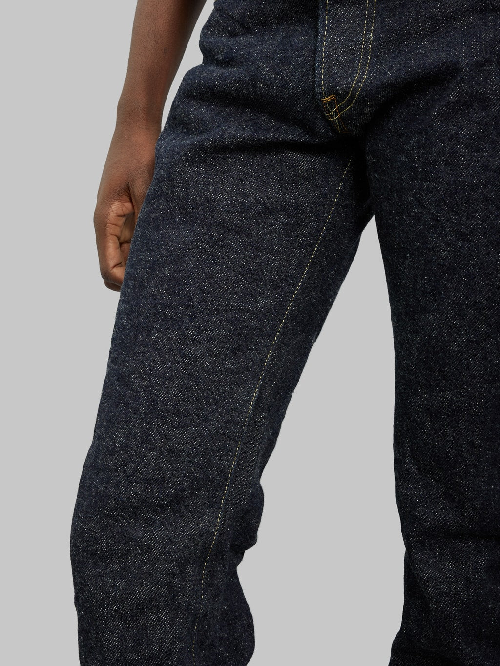 ONI Denim 246DIZR Dark Indigo Secret Denim modern straight Jeans inseam closeup