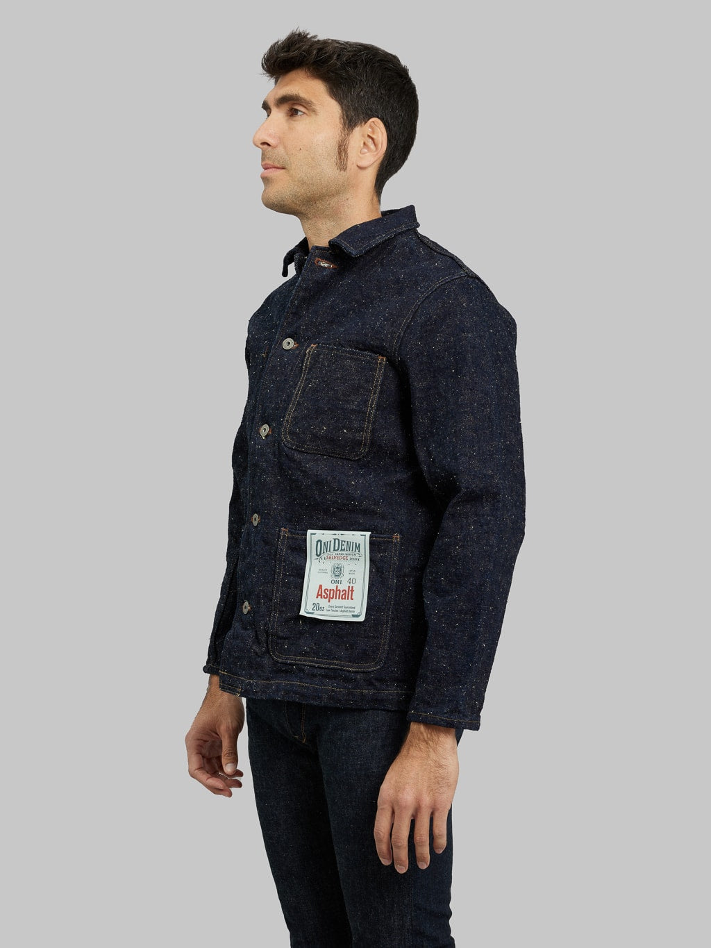 ONI Denim Asphalt 20oz Coverall jacket model side fit