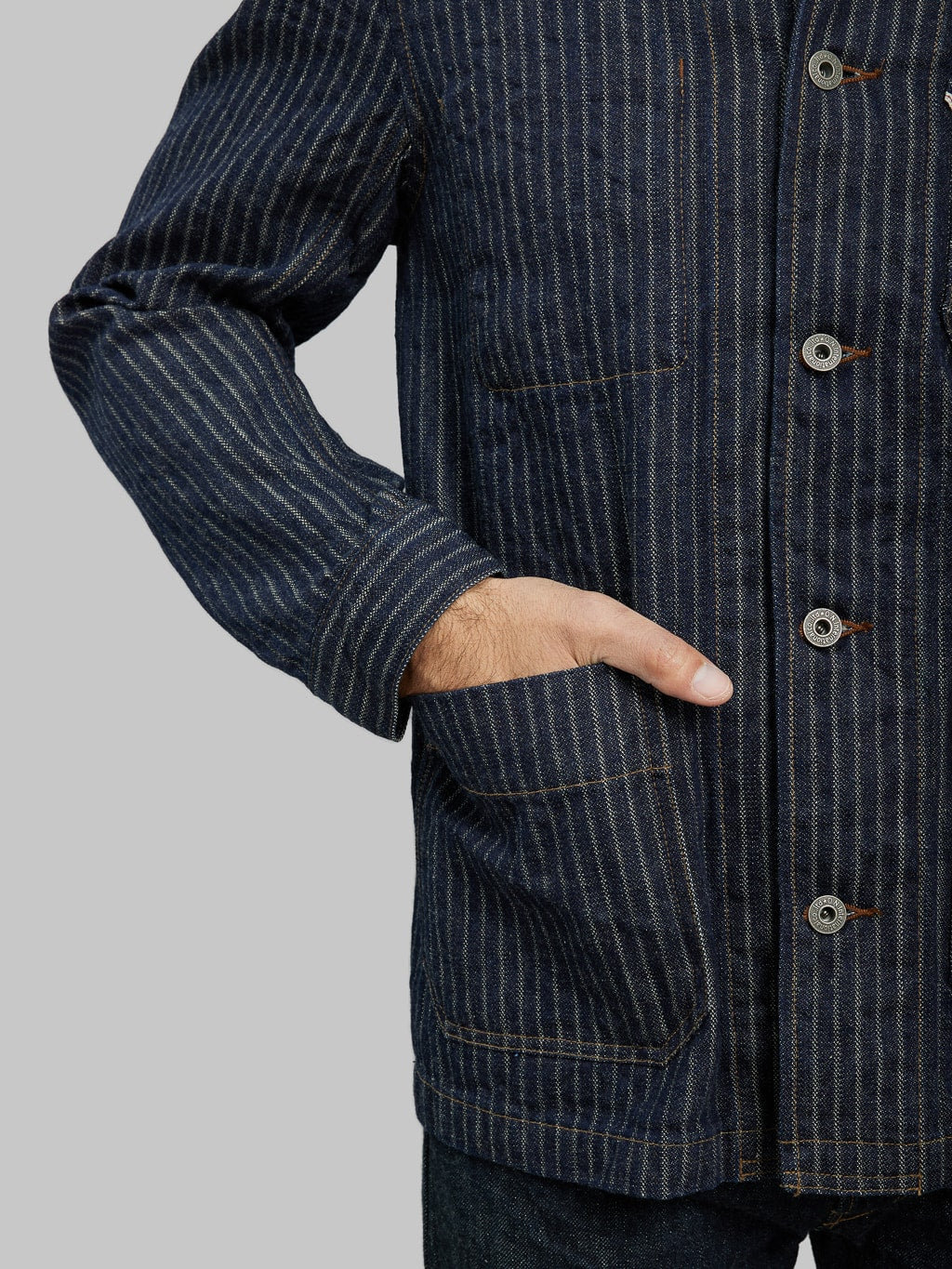 ONI Denim HJS Drop Needle Stitching Jacquard Striped Coverall waist pocket