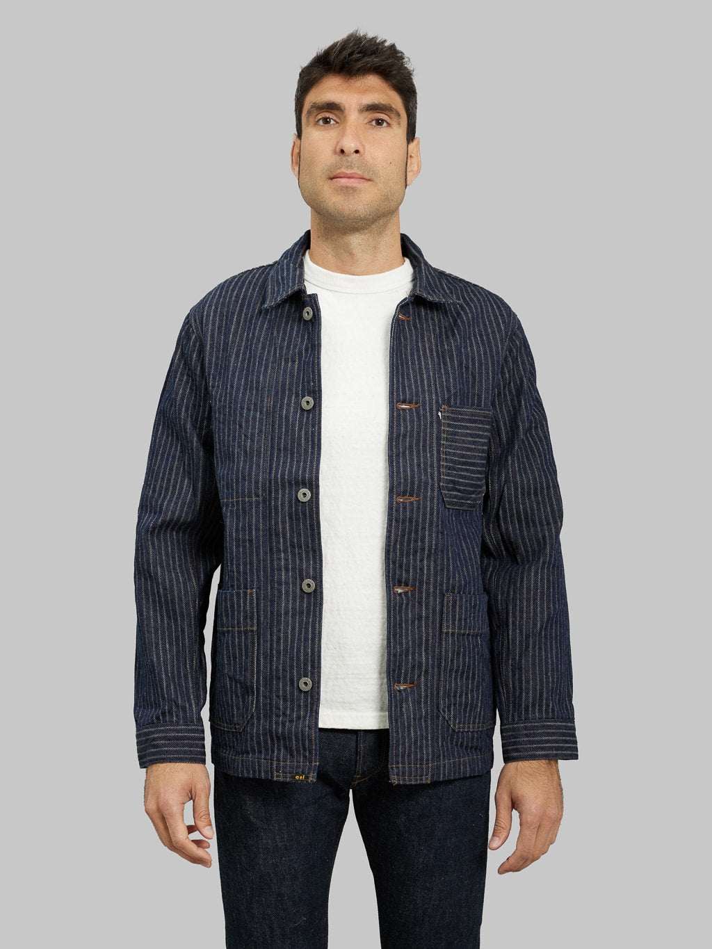 ONI Denim HJS Drop Needle Stitching Jacquard Striped Coverall model front fit