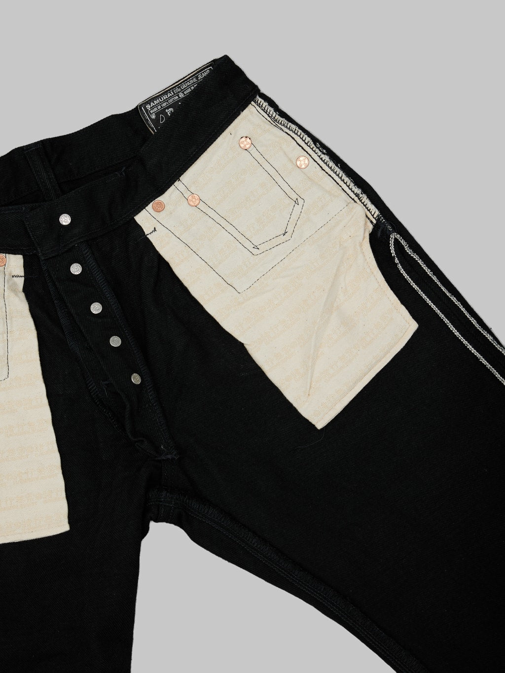 Samurai Jeans Color Fast Black x Black slim straight Jeans lining pockets
