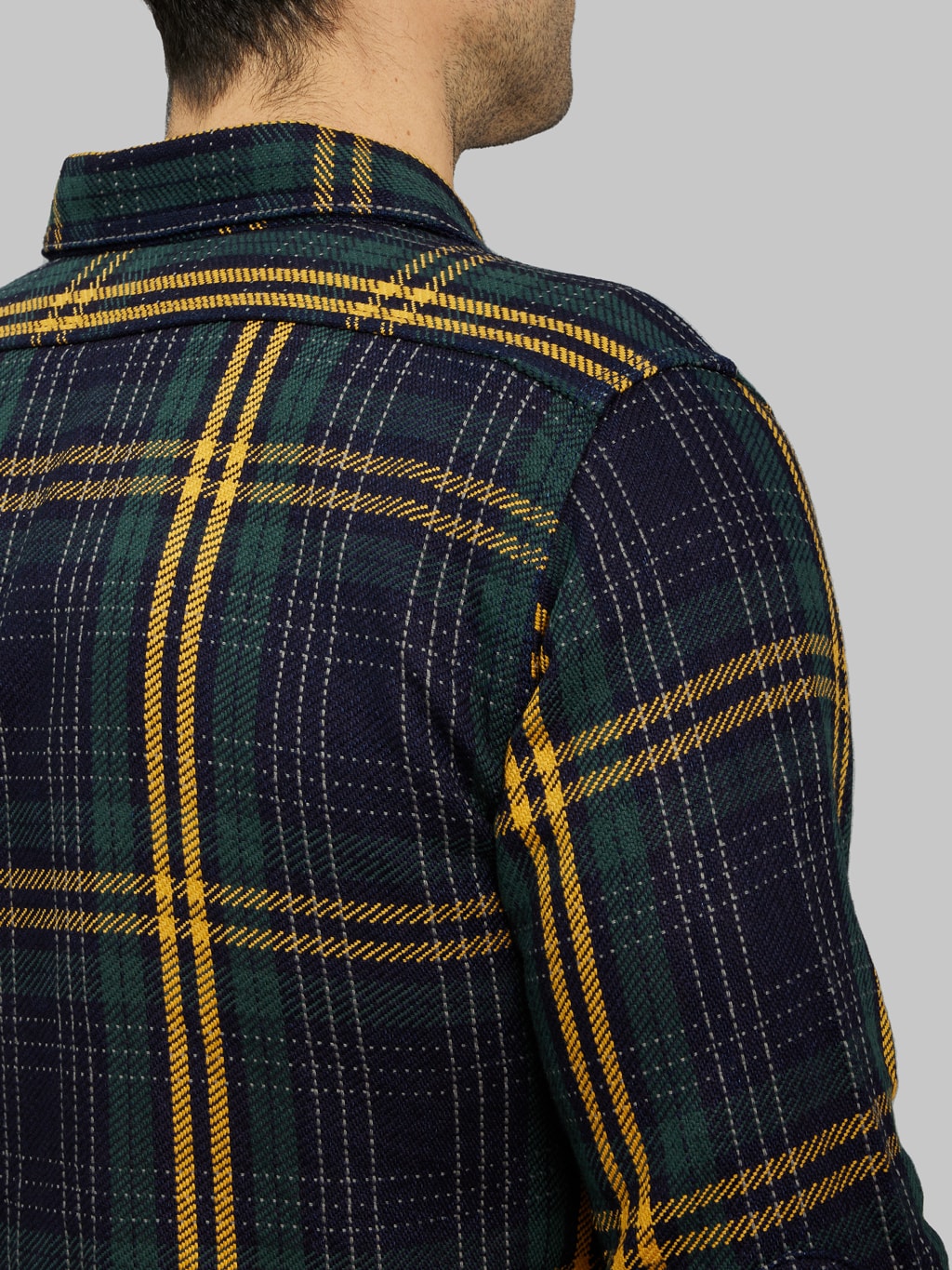 Samurai Jeans Rope Dyed Indigo Heavy Flannel Shirt Green back details