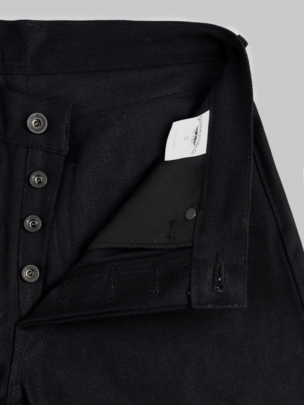 Stevenson Overall Big Sur 210 12oz Slim Tapered jeans solid black buttons