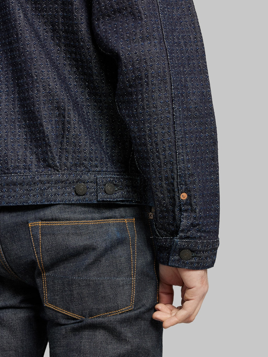 Studio D Artisan Sashiko Denim Type II Indigo Jacket adjustable waist buttons