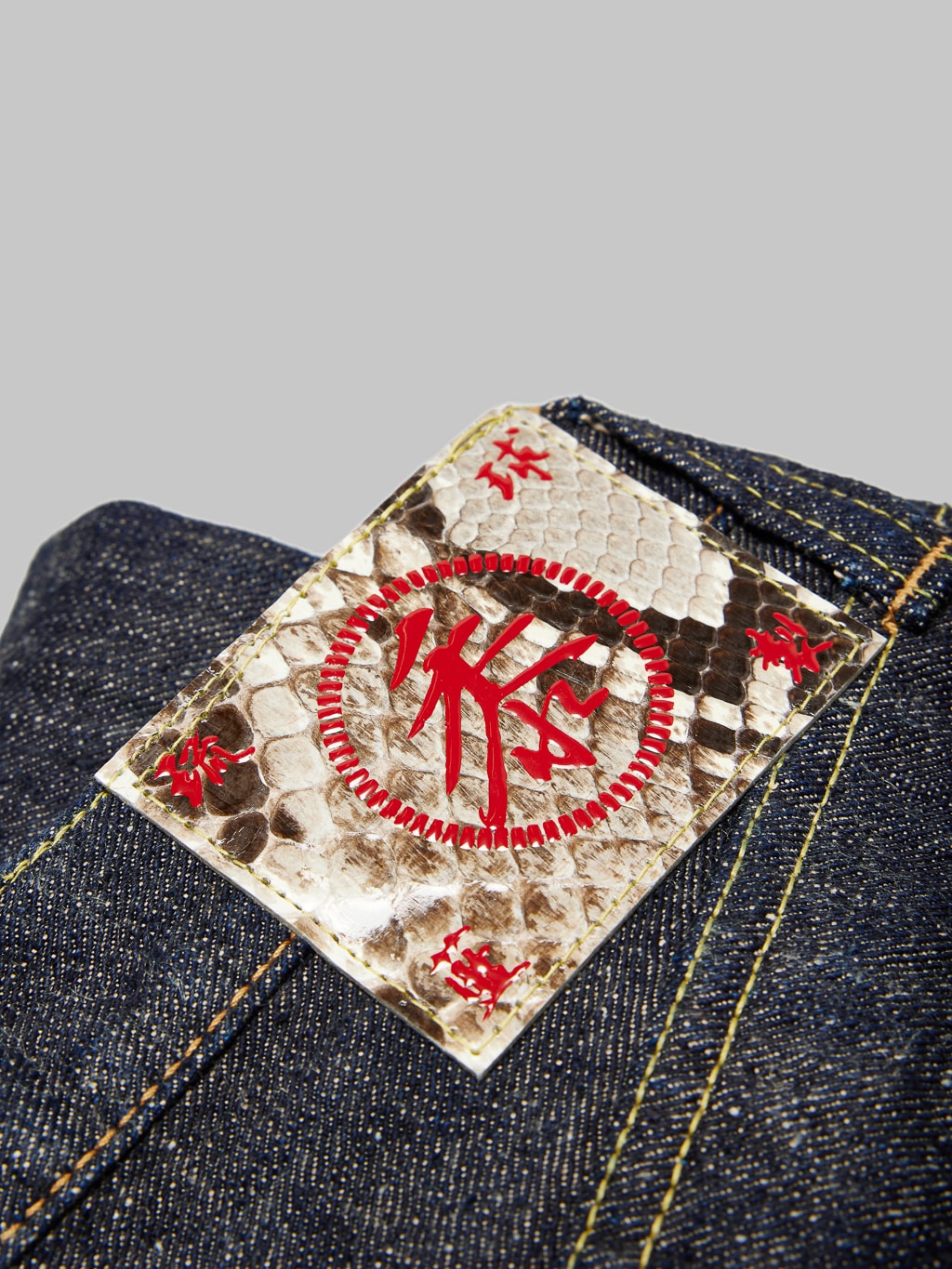 Sugar Cane Okinawa 14oz Regular Straight Jeans patch closeup