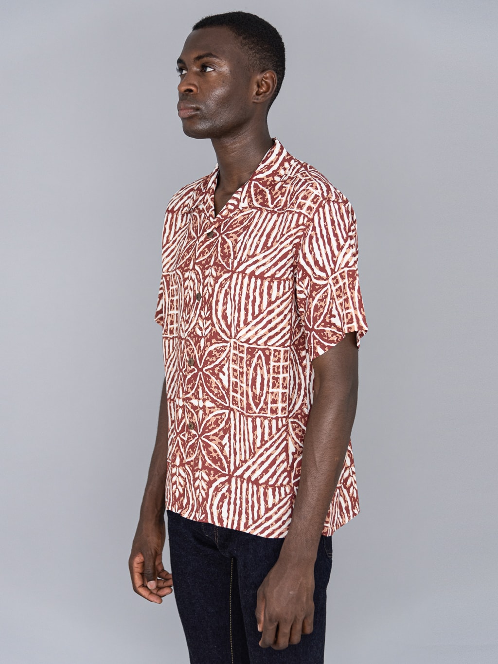 Sun Surf Polynesian Tapa Design Hawaiian Shirt Brown model fit side