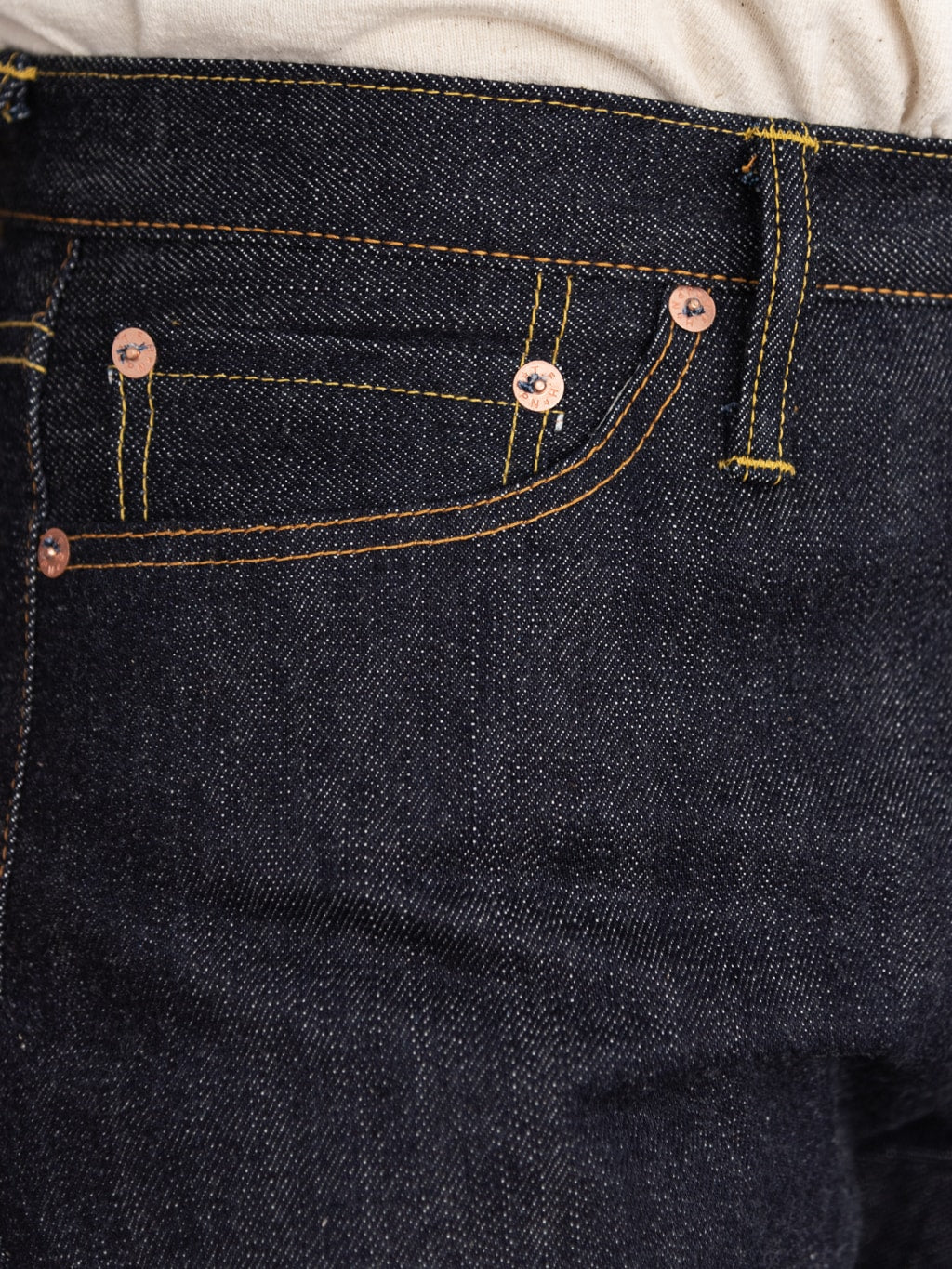 The Flat Head 3002 14.5oz Slim Tapered selvedge Jeans front pocket detail