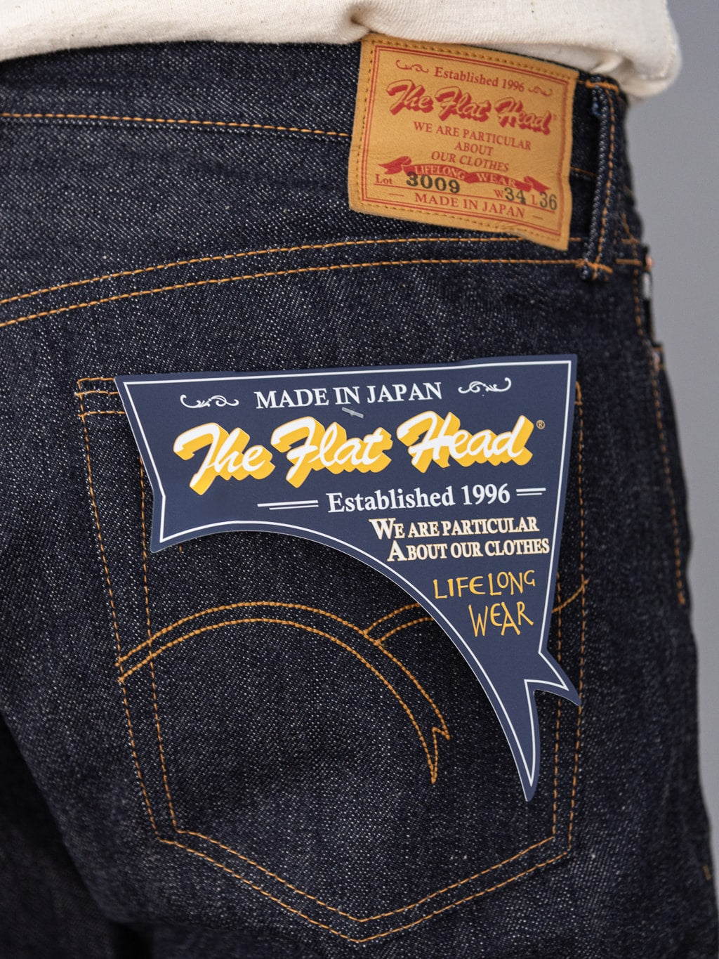 The Flat Head 3009 14.5oz straight tapered Jeans back pocket
