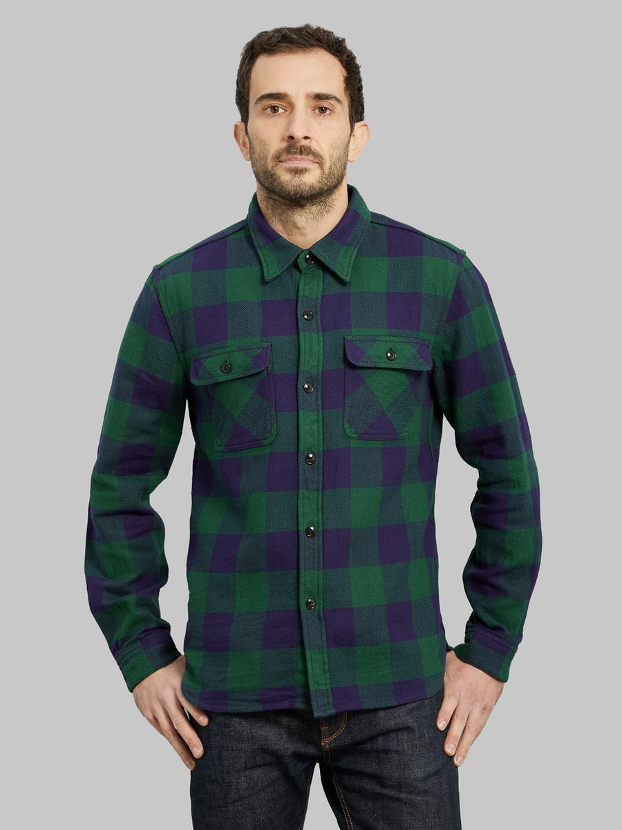 The Flat Head Block Check Flannel Shirt Navy/Green