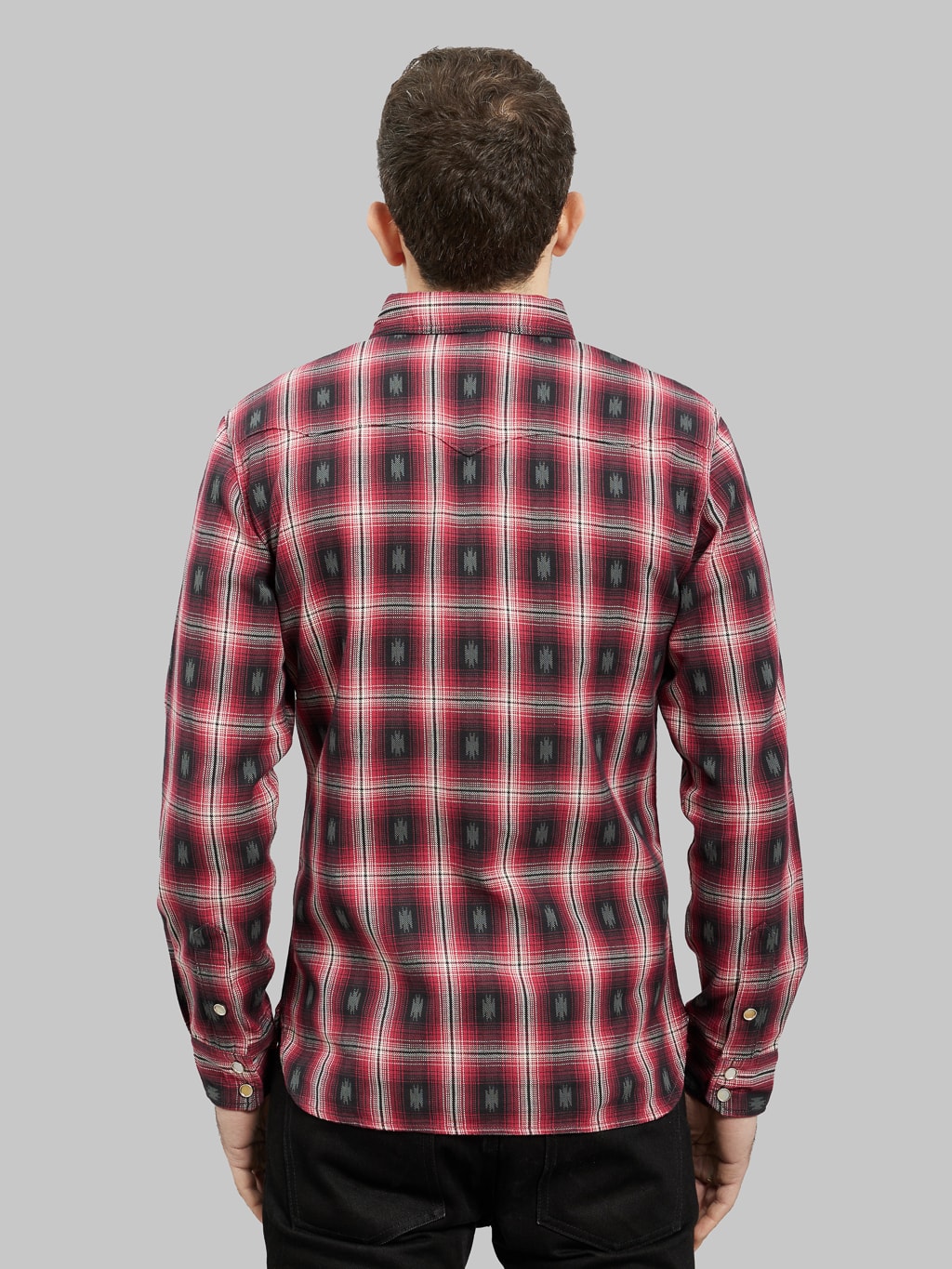The Flat Head Native Check Western Shirt Red model back fit
