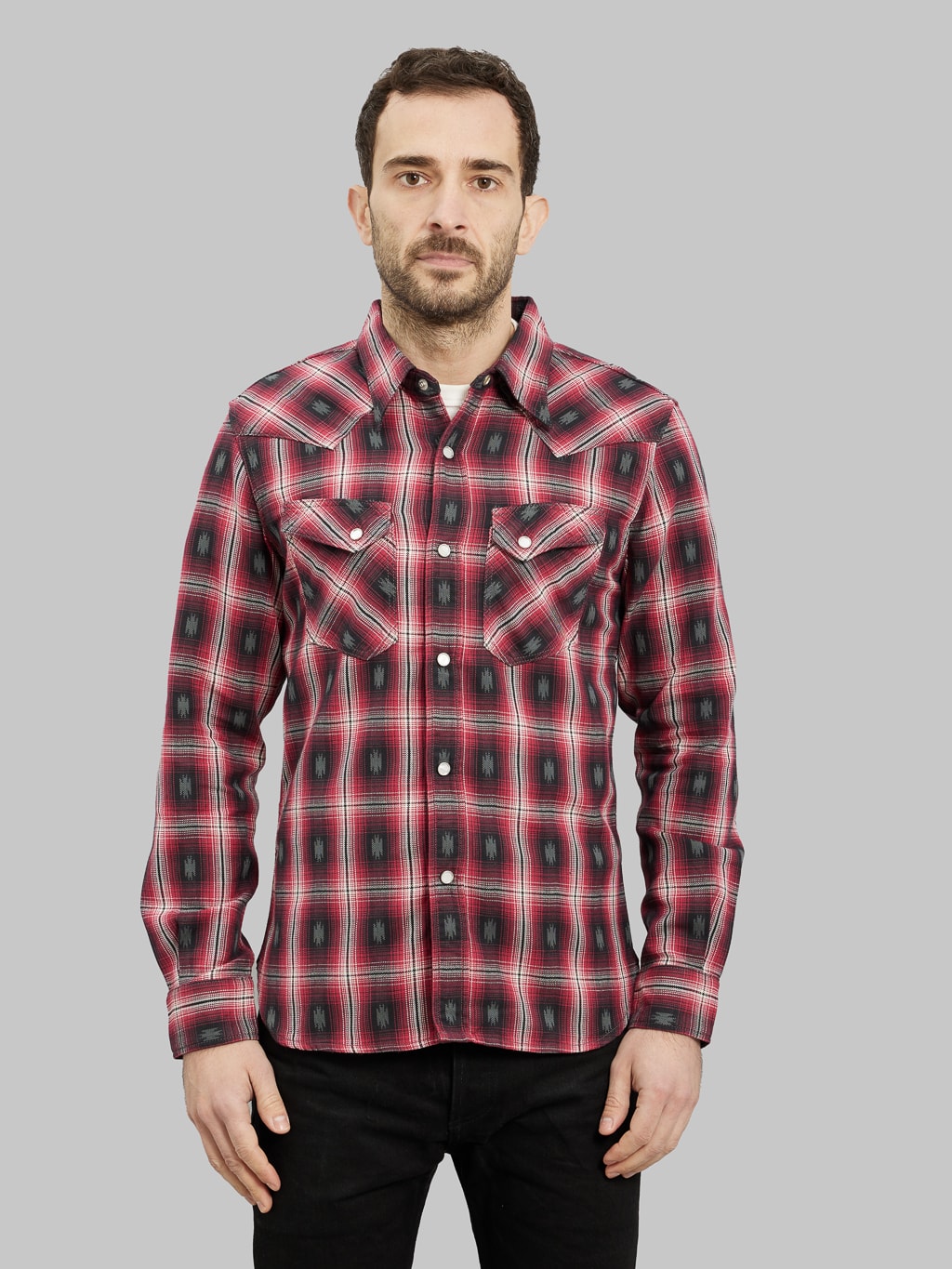 The Flat Head Native Check Western Shirt Red model front fit