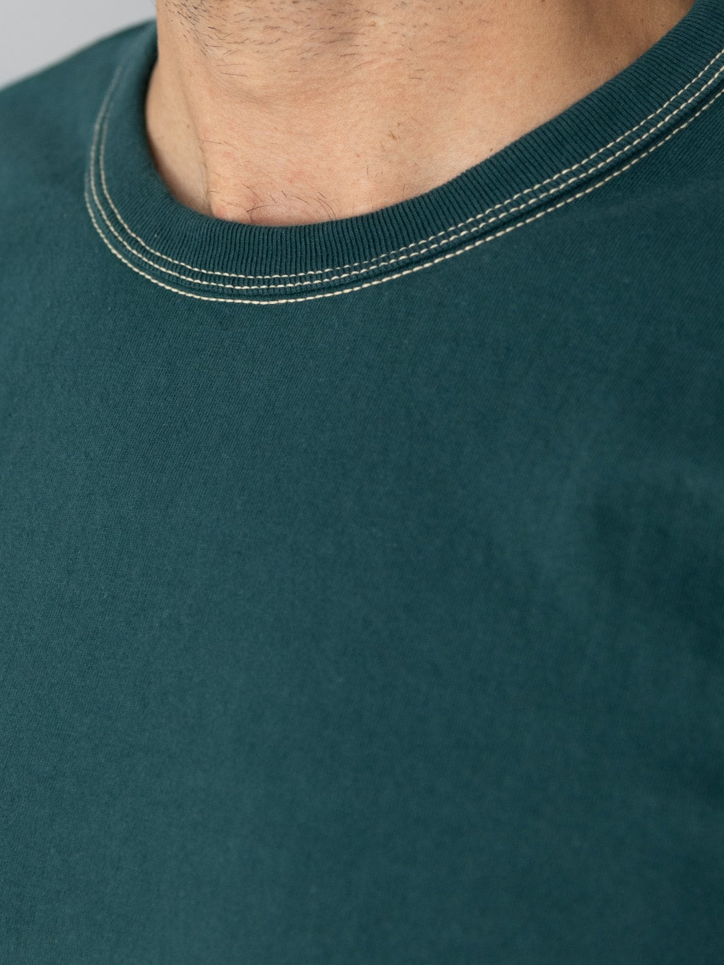 The Flat Head Plain Heavyweight TShirt Dark Green collar closeup