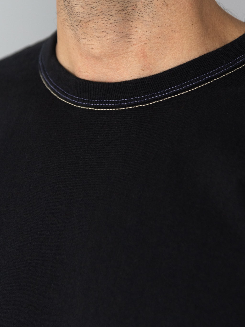 The Flat Head Plain Heavyweight TShirt black collar closeup